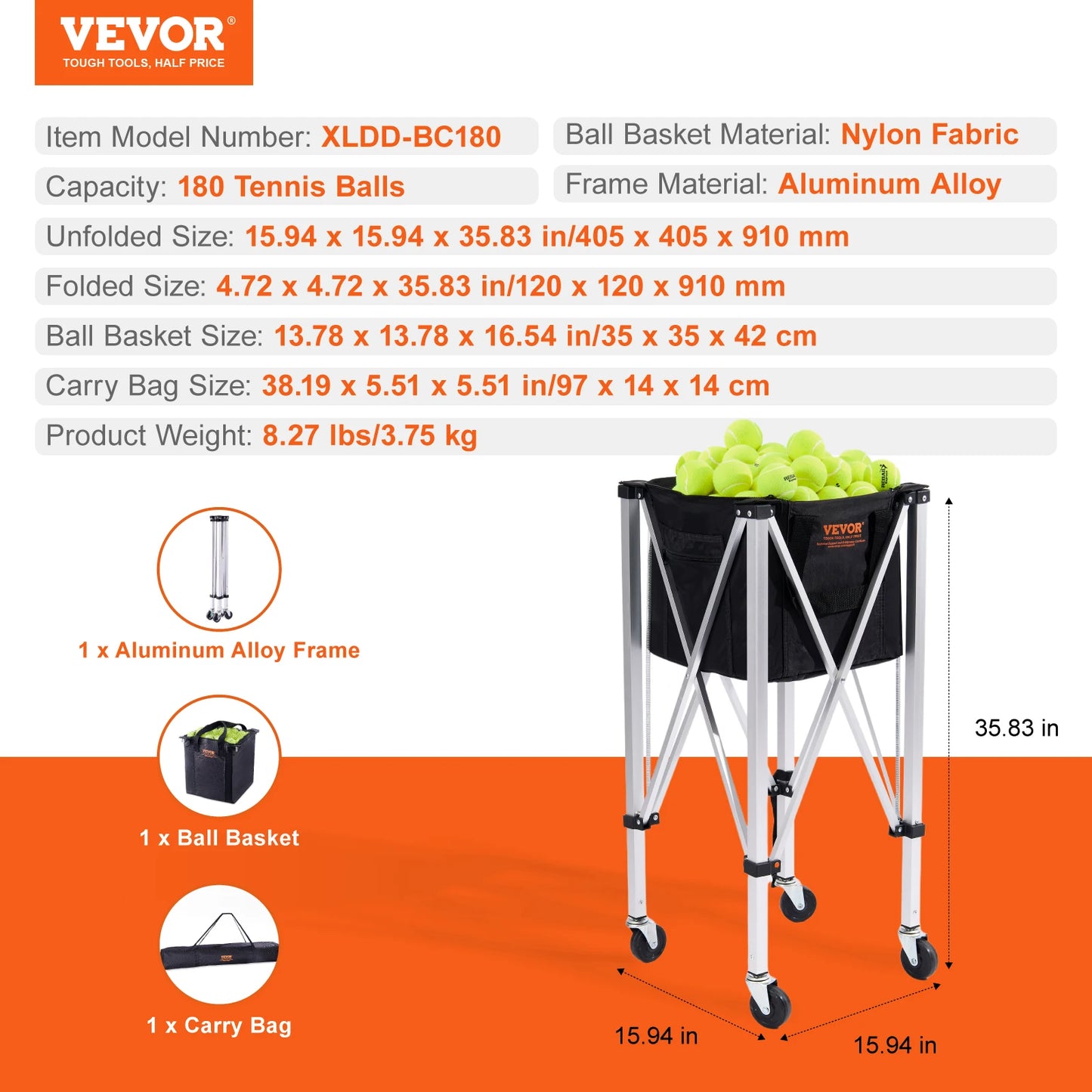 VEVOR Foldable Tennis Ball Cart Holds 150 and 180 Balls