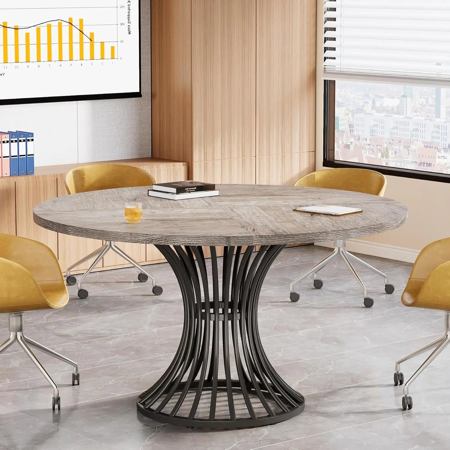 Little Tree Round Conference Table With Metal Base For Office