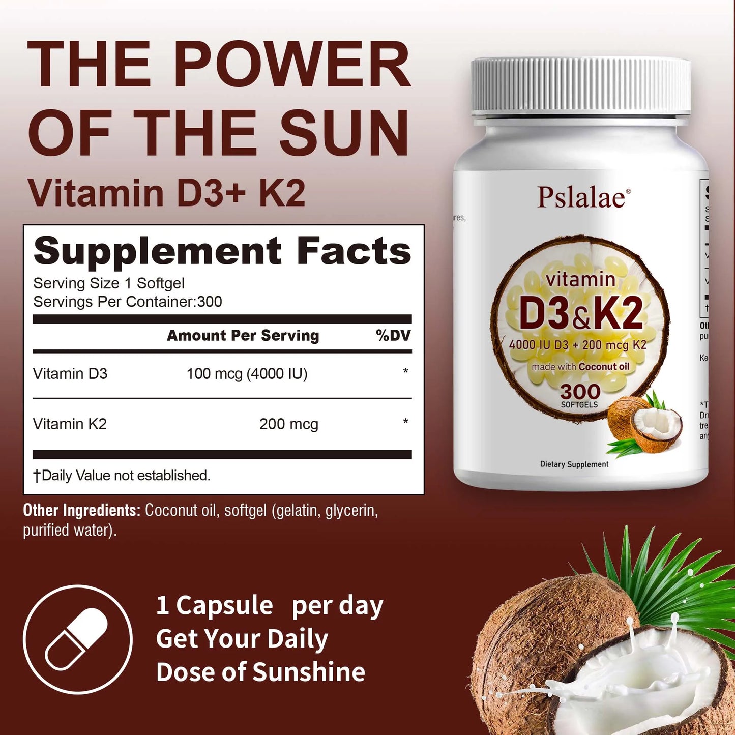 PslalaeCharge Vitamin D3 K2 Softgels For Absorption And Immune Health