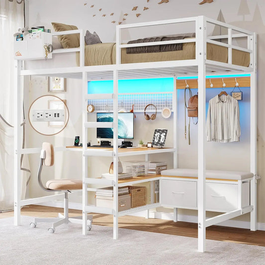 XMSJ Loft Bed With L-Shaped Desk, Shelves, And Charging Station