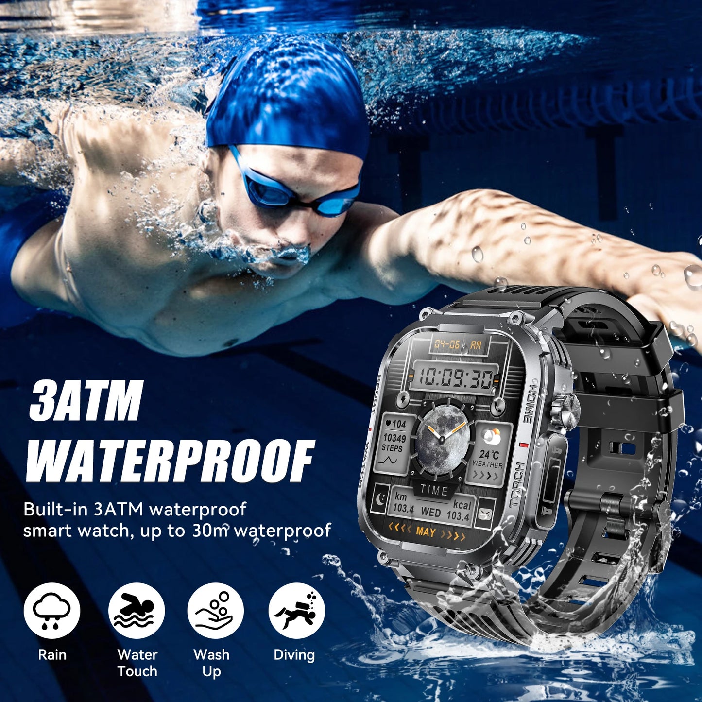 EIGIIS Smartwatch Men 3ATM Waterproof With Compass And LED Flashlight