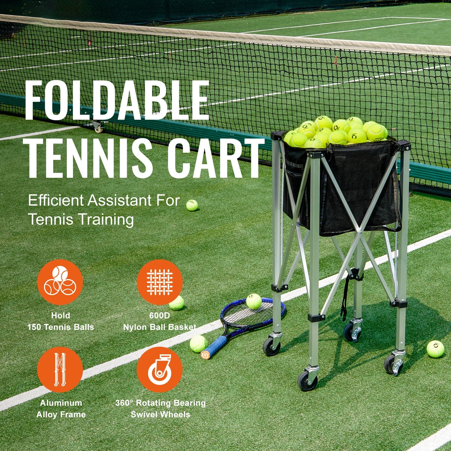 SucceBuy Foldable Tennis Ball Cart Holds 150 To 180 Balls