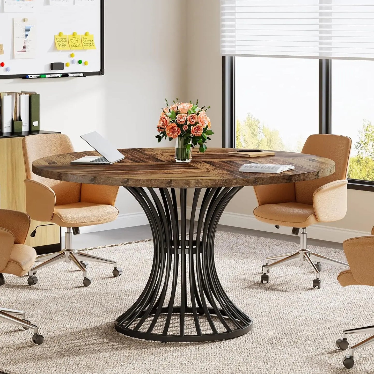 Little Tree Round Conference Table With Metal Base For Office