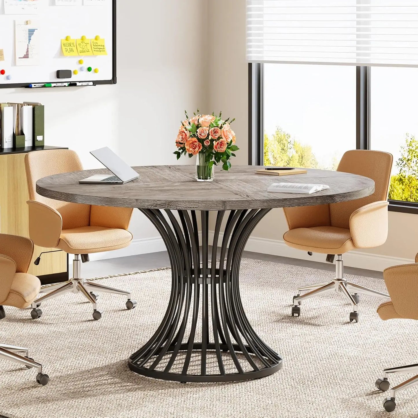 Little Tree Round Conference Table With Metal Base For Office