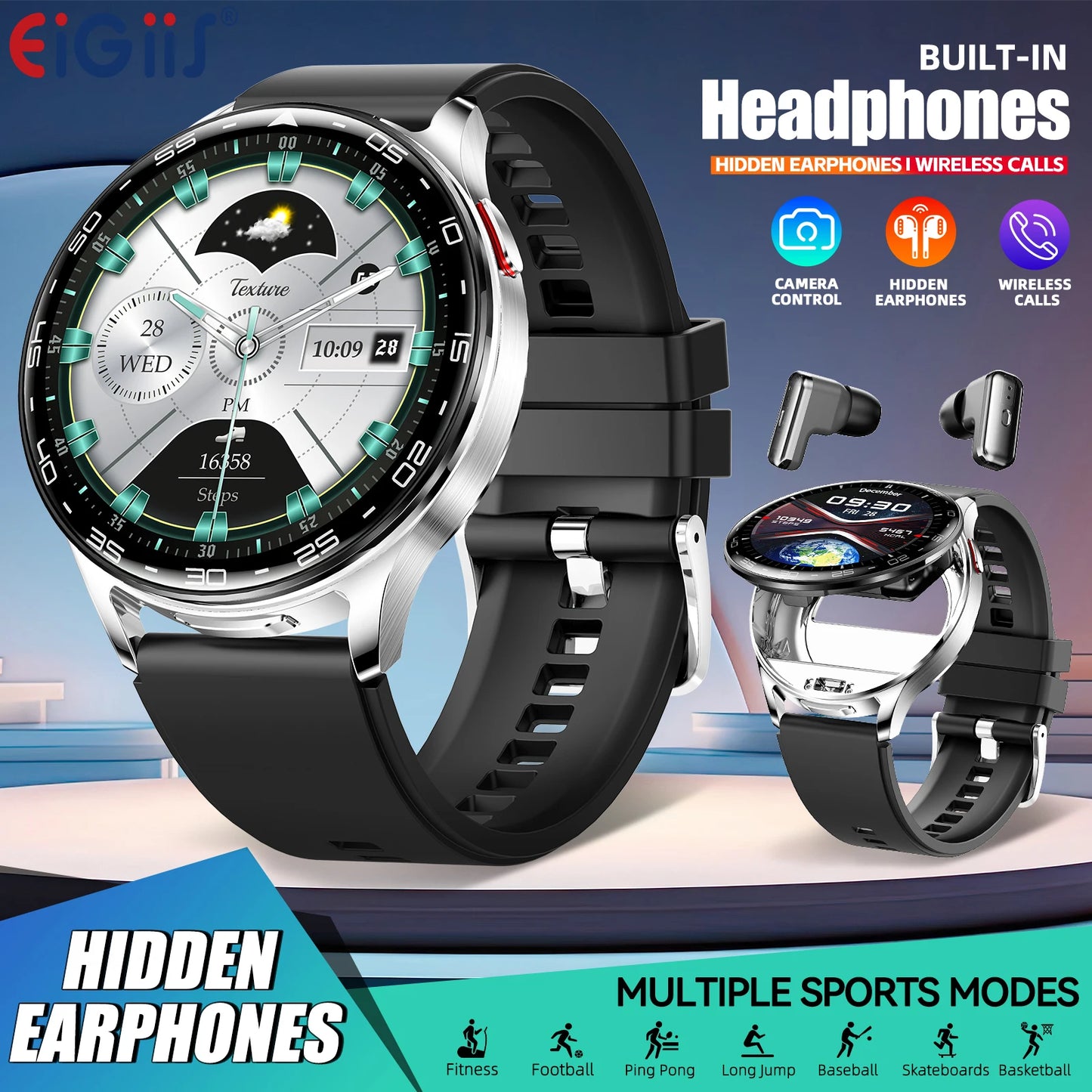 EIGIIIS Smart Watch With Earbuds Fitness Tracker For iOS Android