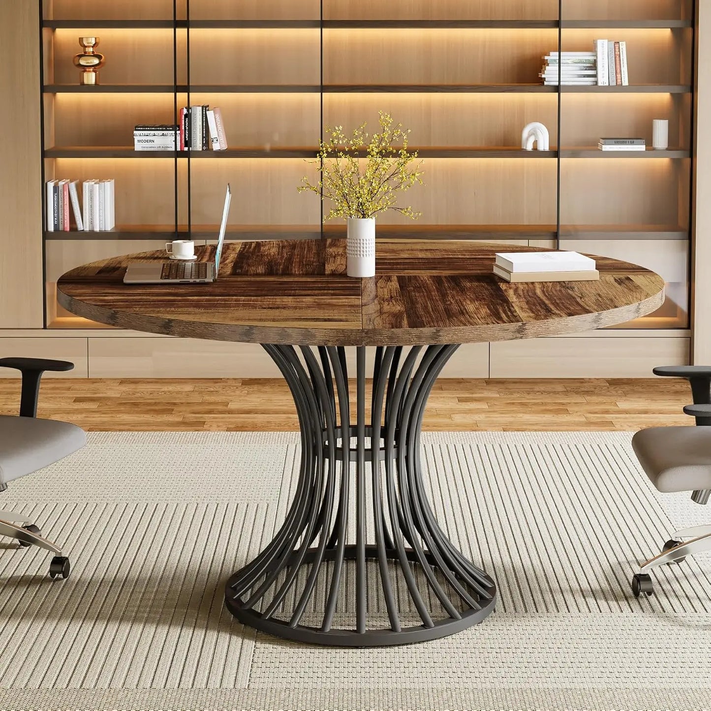 Little Tree Round Conference Table With Metal Base For Office