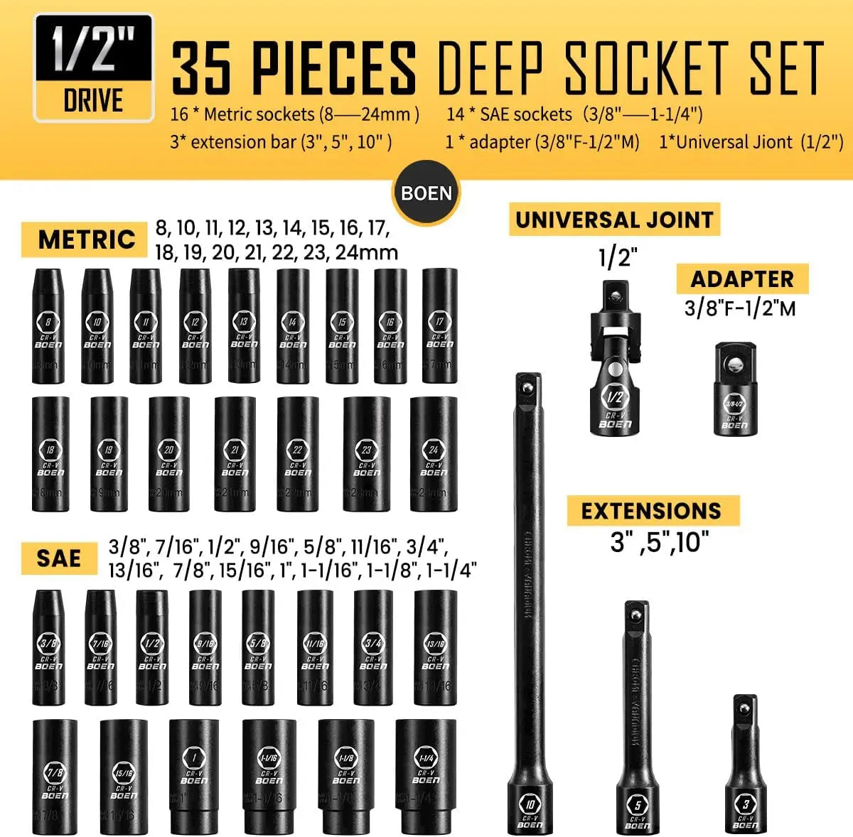 35-Piece Deep Socket Set SAE and Metric 6-Point Cr-V Steel
