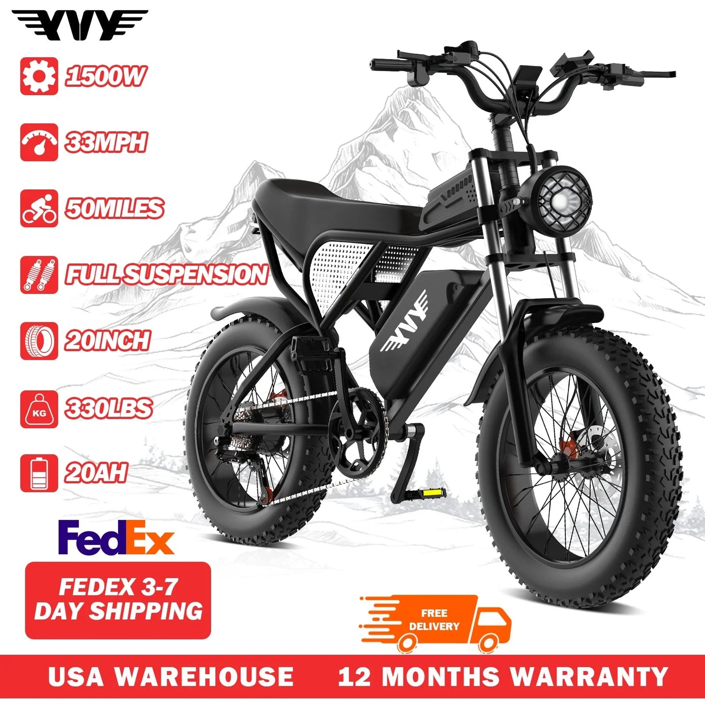 YVY 1500W Fat Tire Electric Bike 33 MPH 48V 20Ah All Terrain
