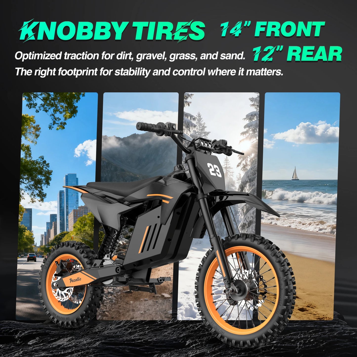 Pazolle 3000W Electric Dirt Bike All Terrain Tires Hydraulic Disc Brakes