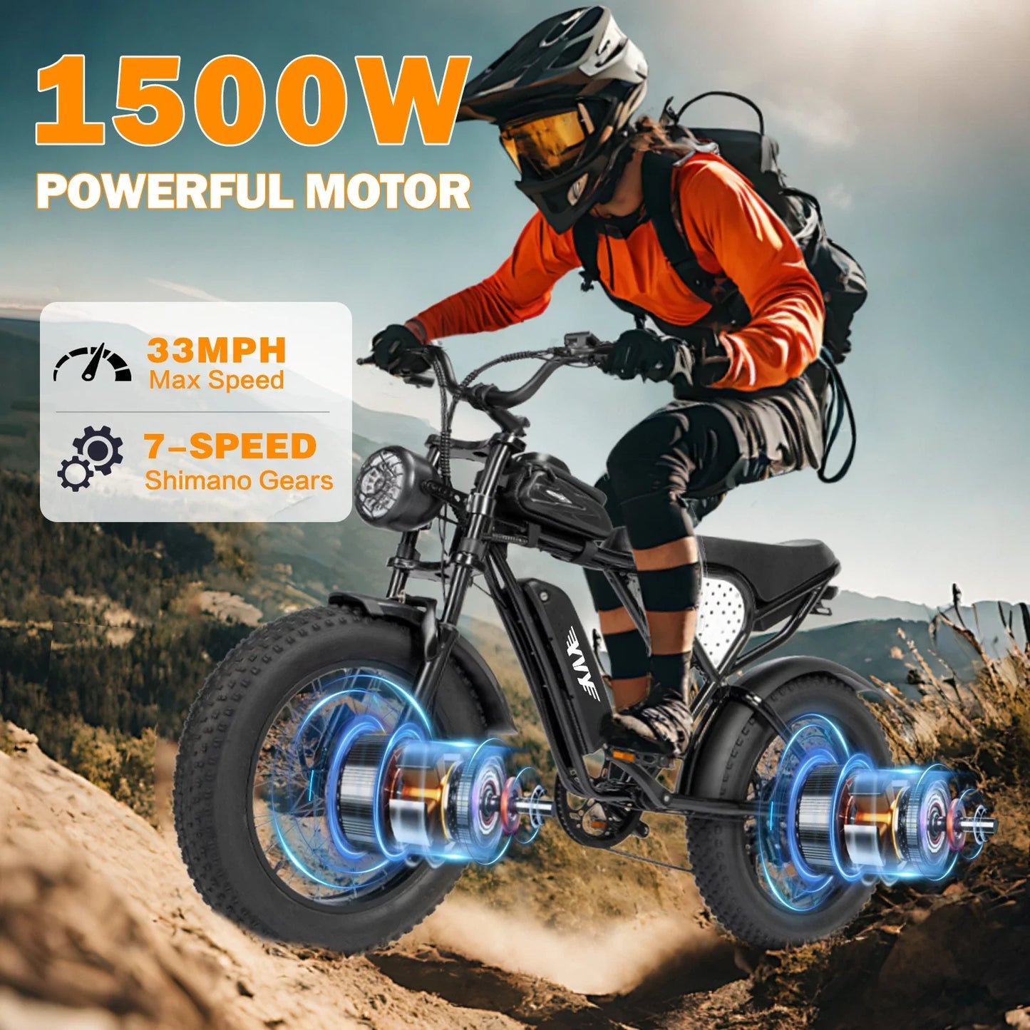 YVY 1500W Fat Tire Electric Bike 33 MPH 48V 20Ah All Terrain