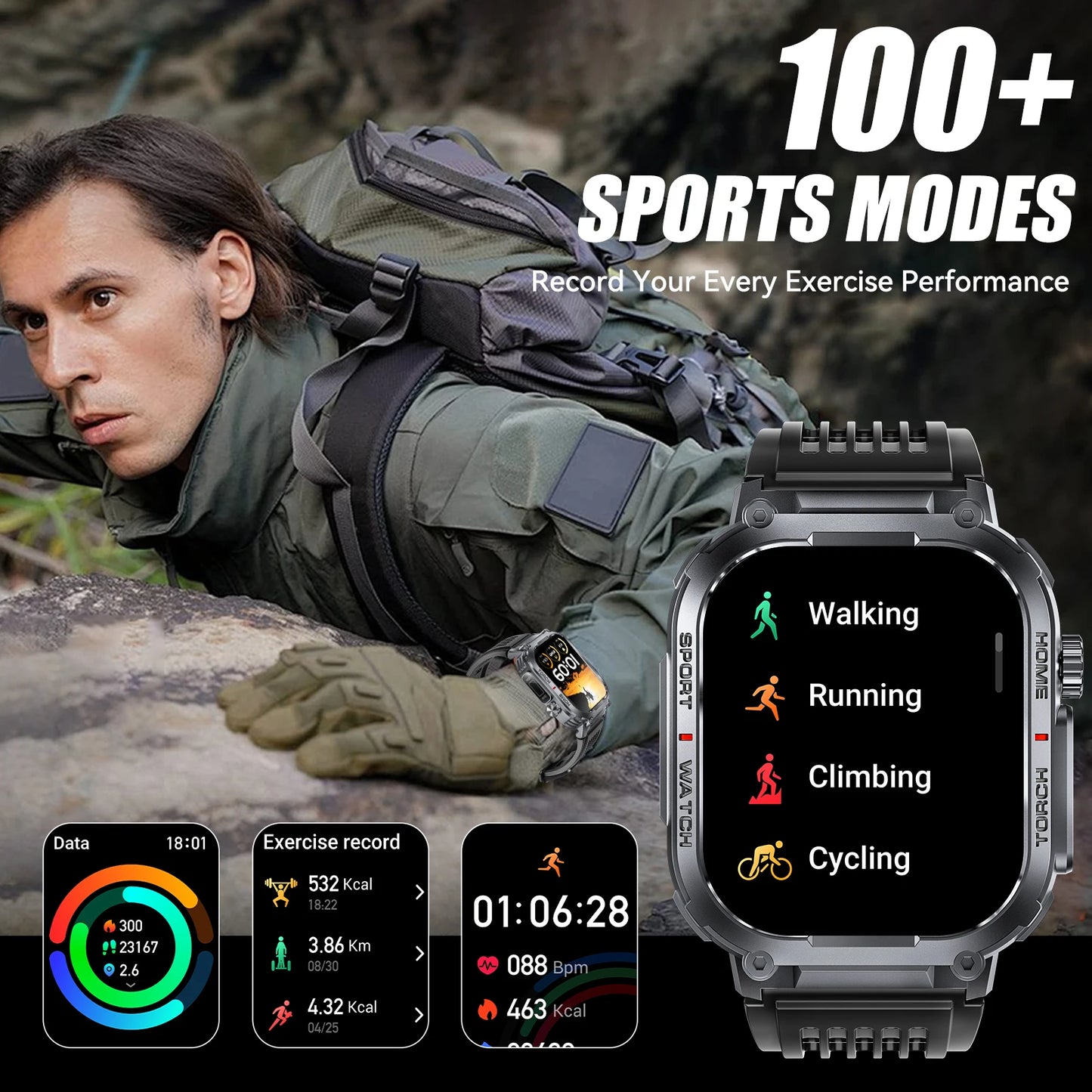 EIGIIS Smartwatch Men 3ATM Waterproof With Compass And LED Flashlight