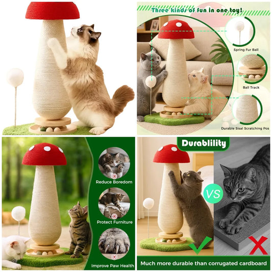 Mushroom Cat Scratching Post Tall Wood Tower For Indoor Cats