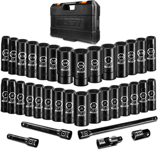 35-Piece Deep Socket Set SAE and Metric 6-Point Cr-V Steel